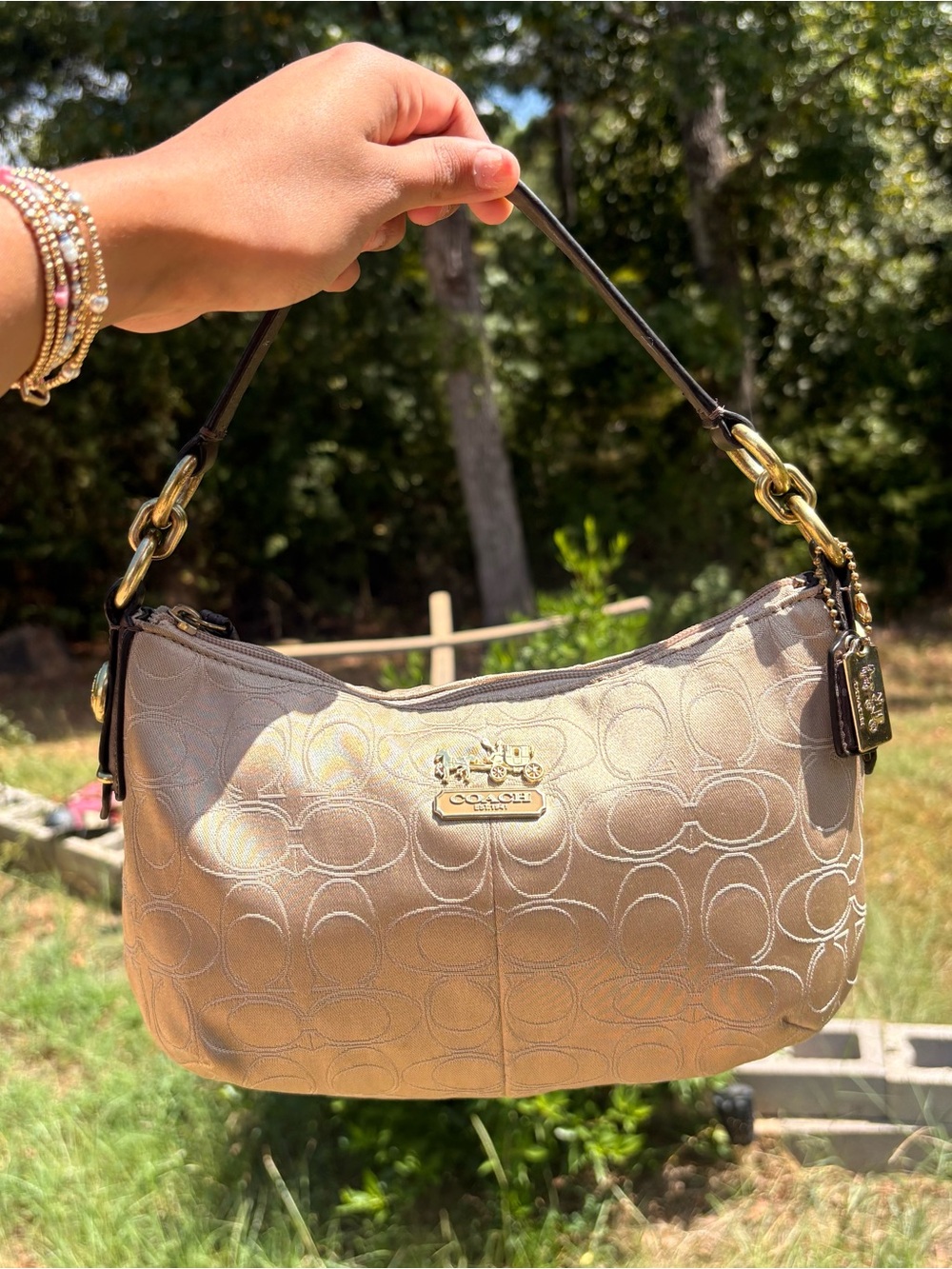 Coach Metallic Khaki Signature Hobo with Gold Hardware